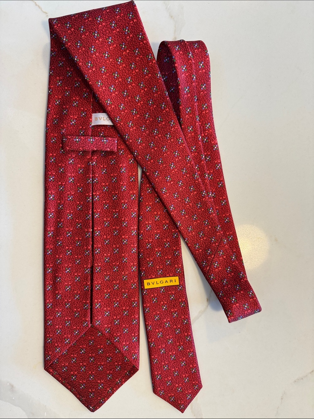 Bulgari Red Silk Tie with Tiny Blue Floral Dots